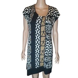 Banana Republic Factory Geometric Print Shift Dress M Black White Brown Stretch